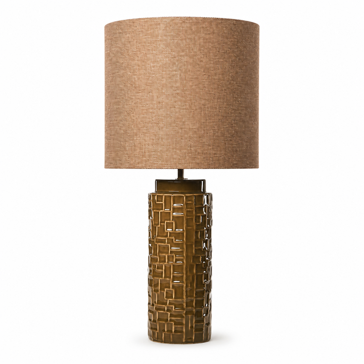 Table Lamp Tilda 3384Q in olive green ceramic with dark brown cylindrical fabric shade, front studio view on white background with soft shadow, professional product photography by Marcottestyle