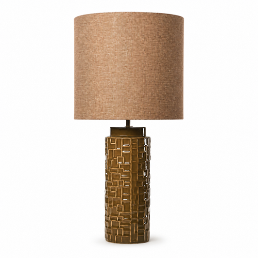 Table Lamp Tilda 3384Q in olive green ceramic with dark brown cylindrical fabric shade, front studio view on white background with soft shadow, professional product photography by Marcottestyle