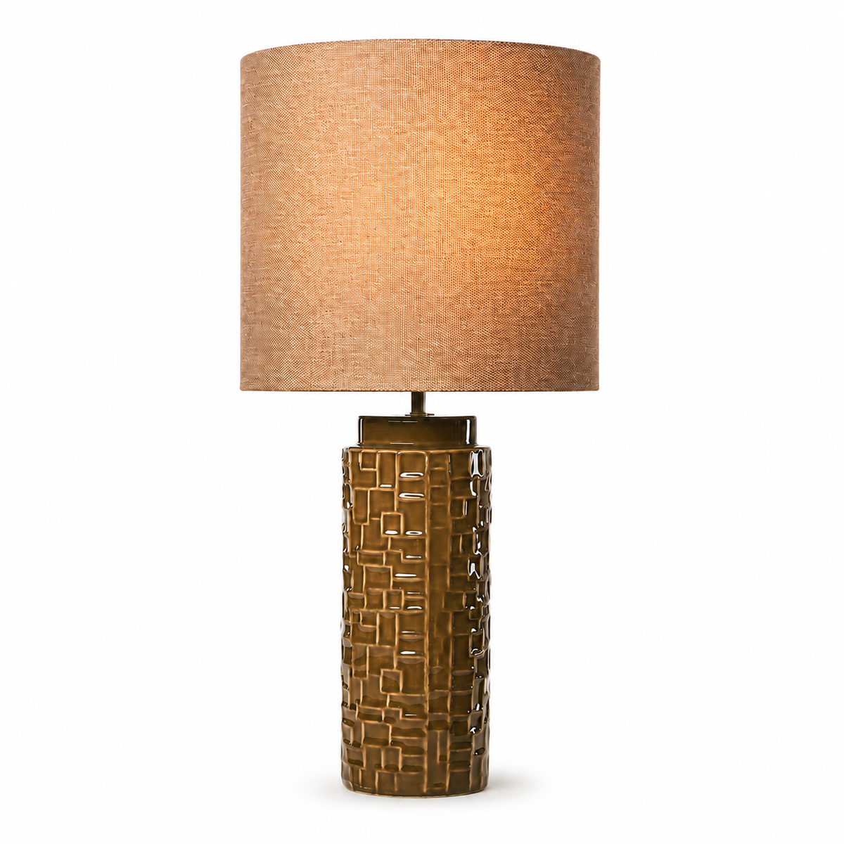 Table Lamp Tilda 3384Q olive ceramic base with shade illuminated showing warm glow through fabric, front view on white background with subtle studio lighting by Marcottestyle
