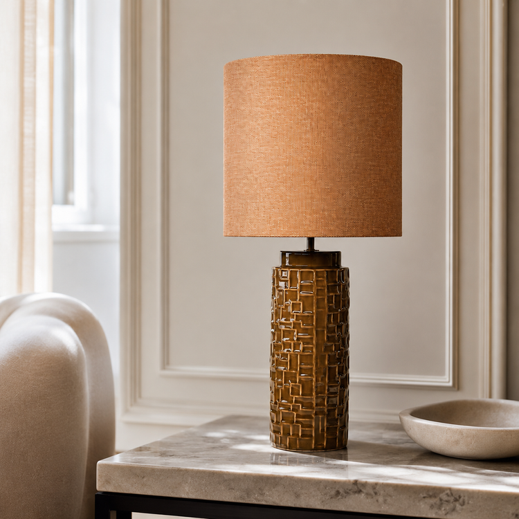 Table Lamp Tilda 3384Q olive ceramic with dark fabric shade styled in modern luxury interior with velvet carpet and natural window light, photorealistic lifestyle shot by Marcottestyle