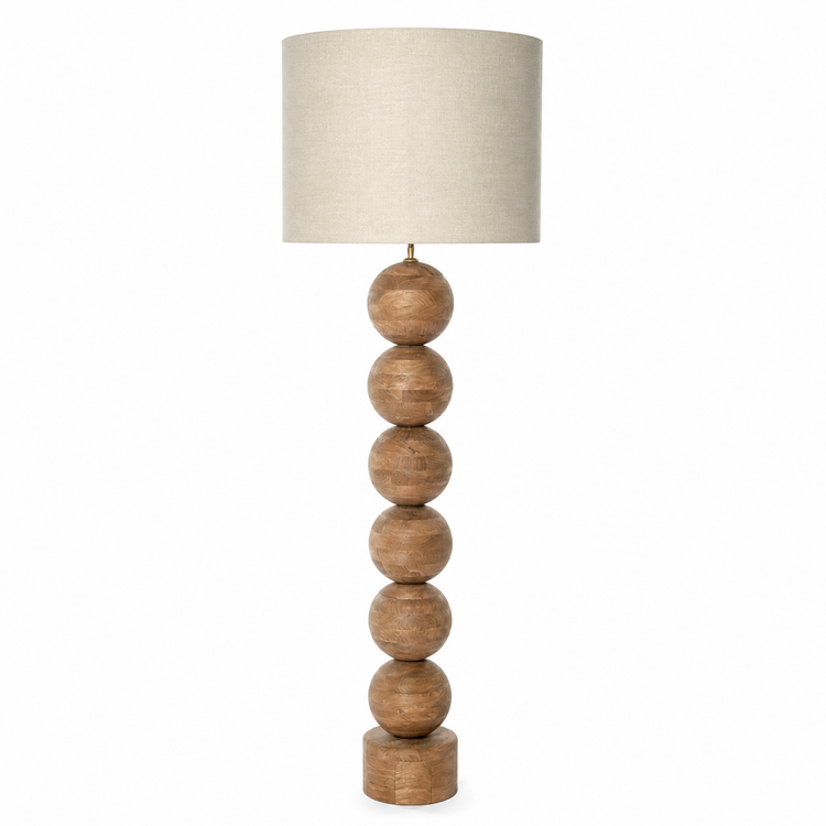 Floor Lamp Tora 1747M Natural front view on white background with soft studio lighting, showcasing the elegant natural metal finish and linen cylindrical shade in a professional product photography style by Marcottestyle