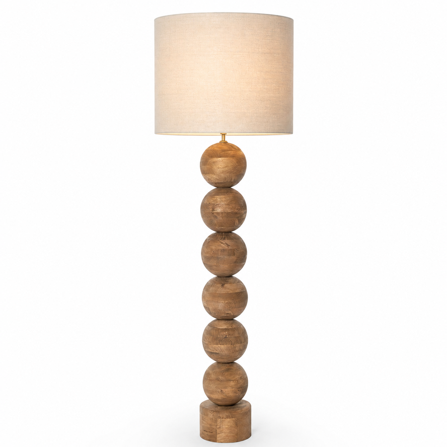 Vloerlamp Tora 1747M Naturel with light turned on showing warm glow through the linen shade, front view on Wit background with subtle shadows for professional product photography by Marcottestyle