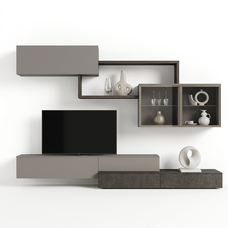 Torvello Luxury Italian TV Wall Unit | Modern Floating Media Console with Glass Display Cabinets - Marcottestyle Shop | Marcottestyle
