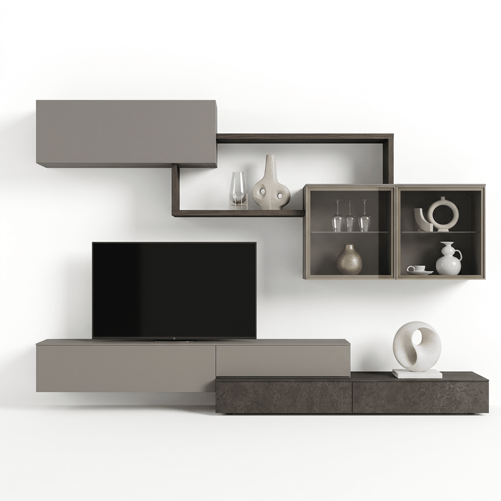 Torvello Luxury Italian TV Wall Unit | Modern Floating Media Console with Glass Display Cabinets