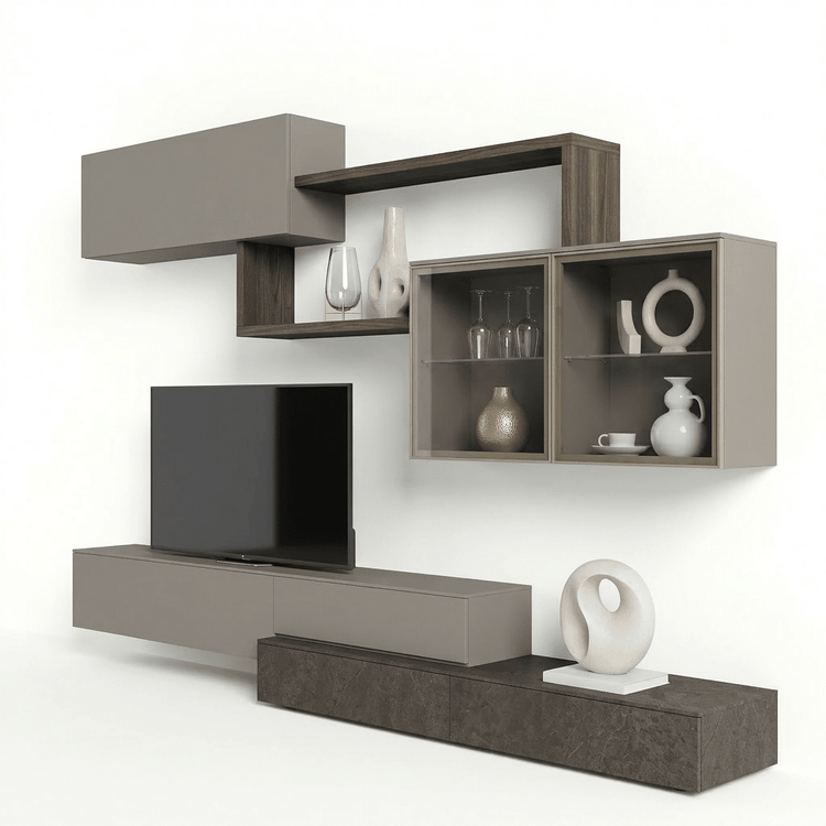 Torvello Luxury Italian TV Wall Unit | Modern Floating Media Console with Glass Display Cabinets - Marcottestyle Shop | Marcottestyle