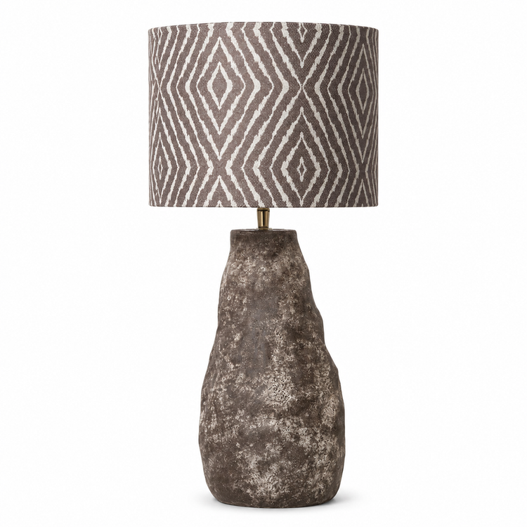 Table Lamp Tova 2437M in brown finish, front view on white background showing the full lamp with detailed cylindrical shade and elegant base, professional studio lighting by Marcottestyle