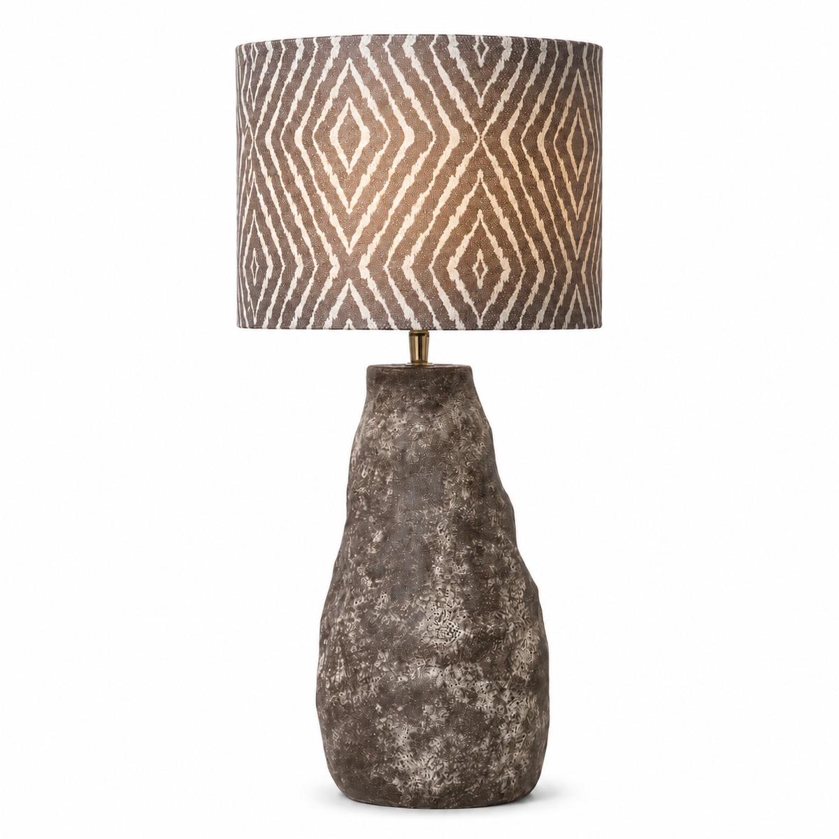 Table Lamp Tova 2437M in brown finish with light turned on, showing warm glow through the fabric shade on white background, professional product photography by Marcottestyle