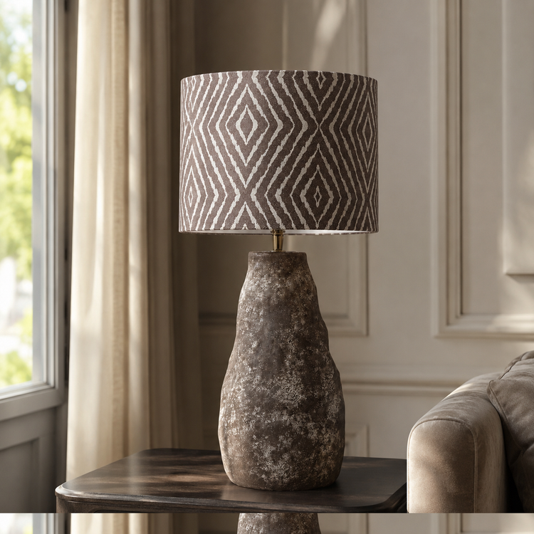 Table Lamp Tova 2437M in brown finish styled in a modern luxury room interior with natural window light, photorealistic setting with velvet accents by Marcottestyle