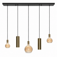 Tova 4353N multi-pendant suspension light in black and brushed brass avec 5 E27 lampholders, modern beam-style ceiling fixture 120cm wide for dining table or living room - studio front view on pure white background by Marcottestyle