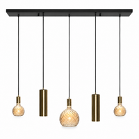 Tova 4353N black and brushed brass multi-pendant lamp avec warm-glowing bulbs softly illuminated through textured glass shades, dimmable 5xE27 ceiling pendant 120cm in modern design - studio shot on white background by Marcottestyle