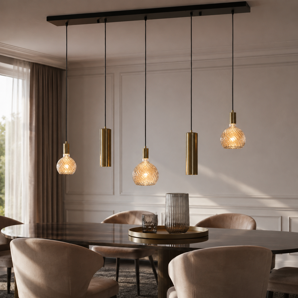 Tova 4353N pendant light suspended above a round wooden dining table in a contemporary classic interior avec velvet upholstered chairs and warm sunlight from window, 5xE27 black and brushed brass ceiling pendant lifestyle shot by Marcottestyle