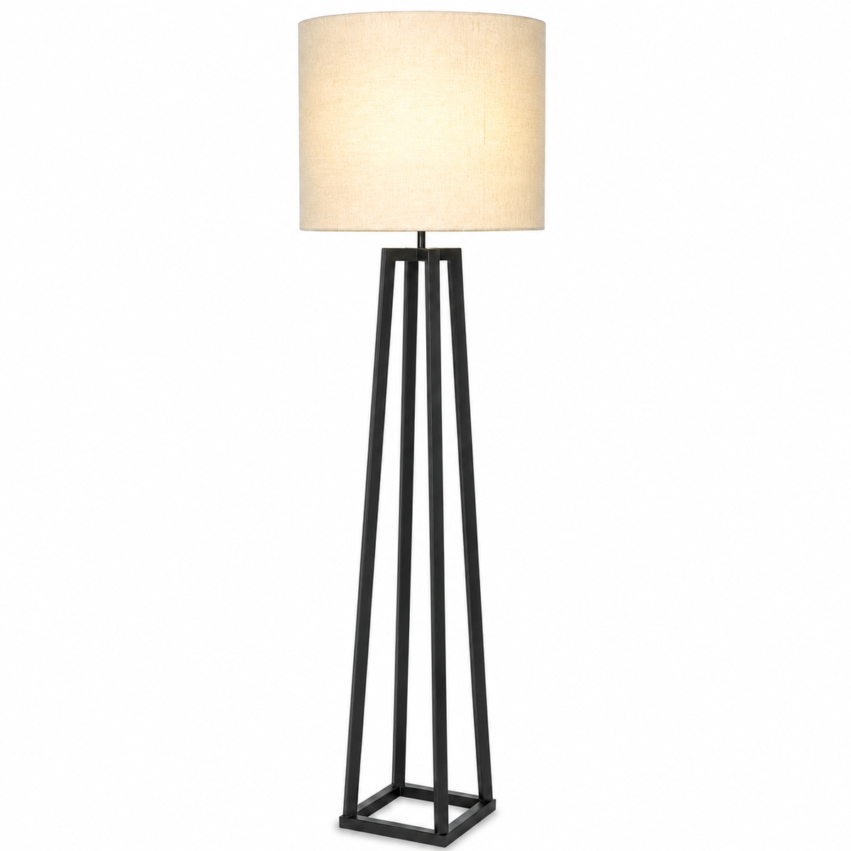 Floor Lamp Tova 9164X black with light turned on, warm glow visible through the natural linen fabric shade, front view on white background by Marcottestyle