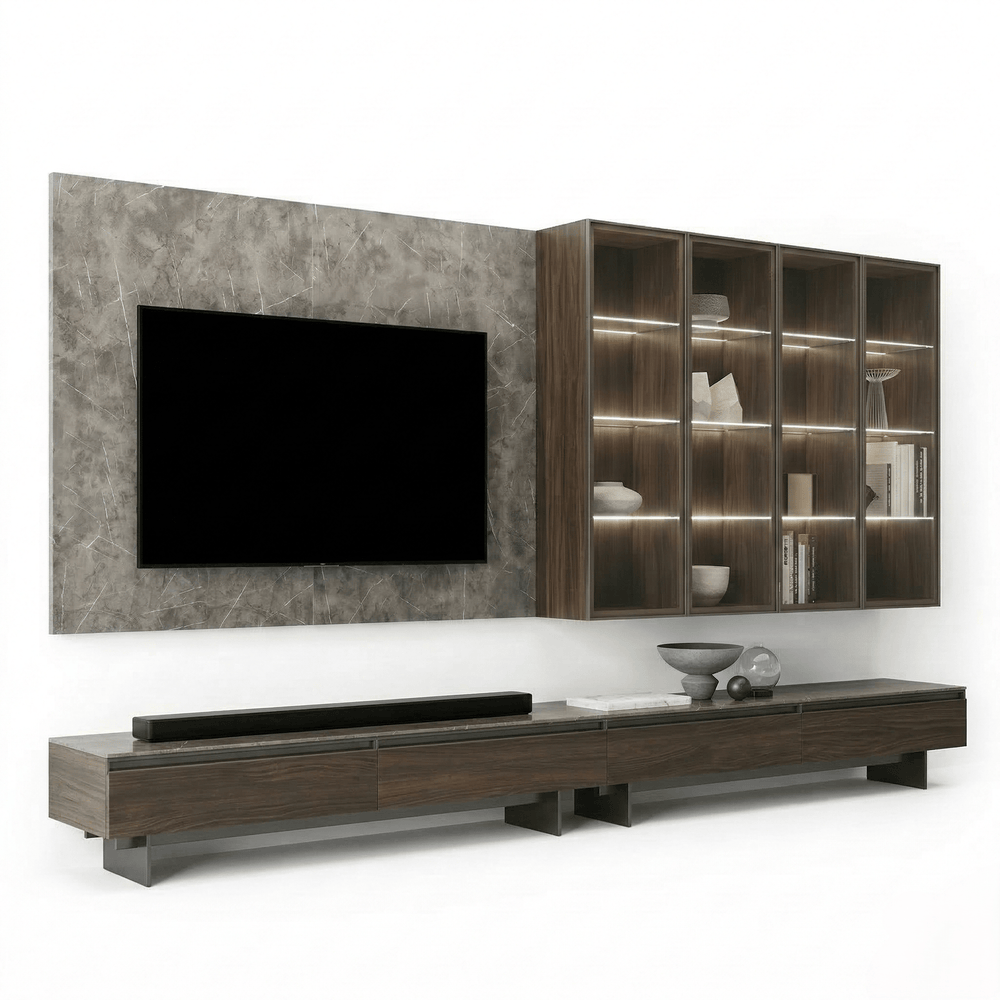 Valtieri Luxury Italian TV Wall Unit | Modern Display Cabinet & Marble Effect Media Console - View 2