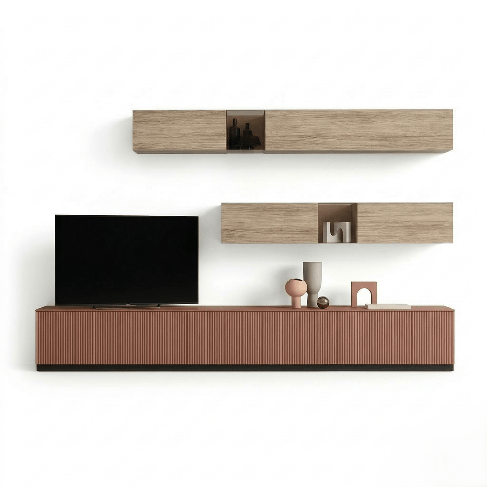 Varello Italian Designer TV Wall Unit | Luxury Floating Media Console with Ribbed Front Panels
