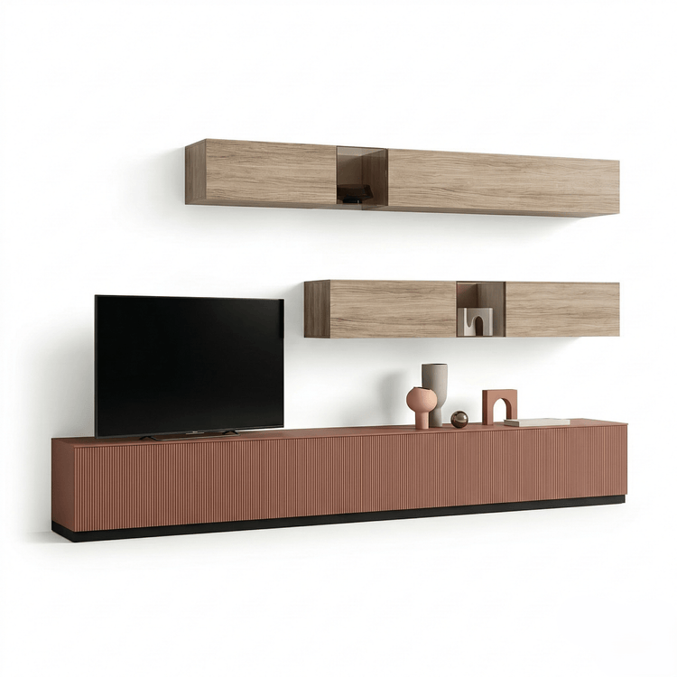 Varello Italian Designer TV Wall Unit | Luxury Floating Media Console with Ribbed Front Panels - Marcottestyle Shop | Marcottestyle