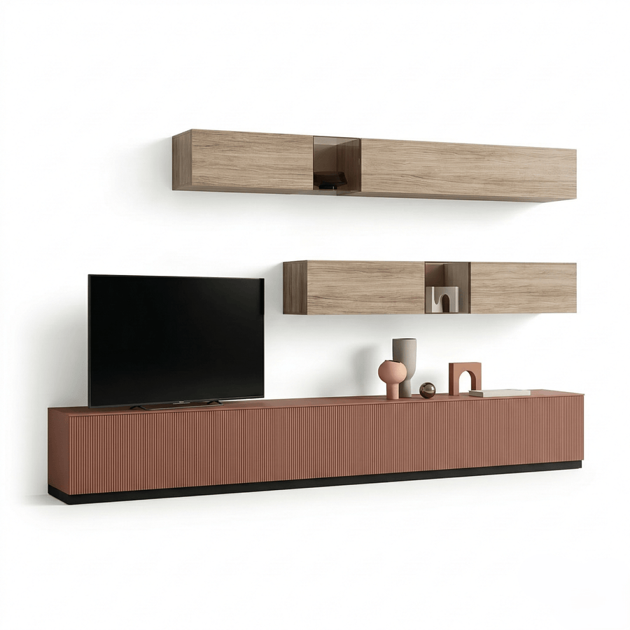 Varello Italien Designer TV Étagère murale | Luxury Flottant Media Console avec Ribbed Front Panels - Marcottestyle Shop