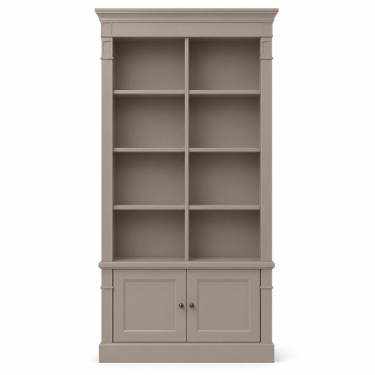 Classic taupe solid pine Vendome bookcase, open cube shelves and panelled doors, front view