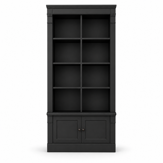 Classic black solid pine Vendome bookcase with cube-grid shelves and panelled cabinet, 220 cm tall, front view