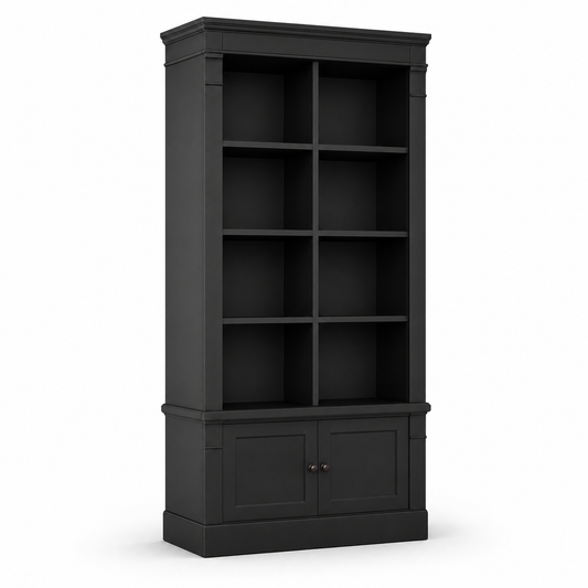 Classic black solid pine Vendome bookcase with crown moulding and lower cabinet doors, 90 cm wide, angled view