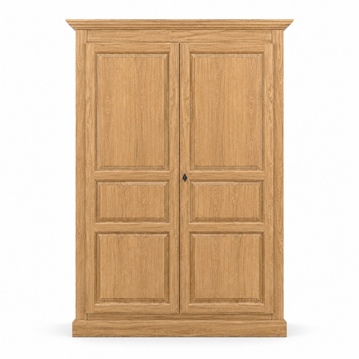 Classic solid oak Cognac wardrobe with panelled doors and cornice, 149 cm wide, front view