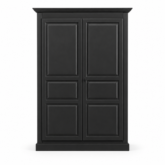 Classic black solid pine Cognac wardrobe with raised-panel doors, 149 cm wide, front view