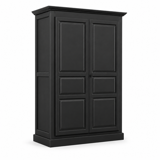 Classic black solid pine Cognac wardrobe with crown molding cornice, three-quarter angle view
