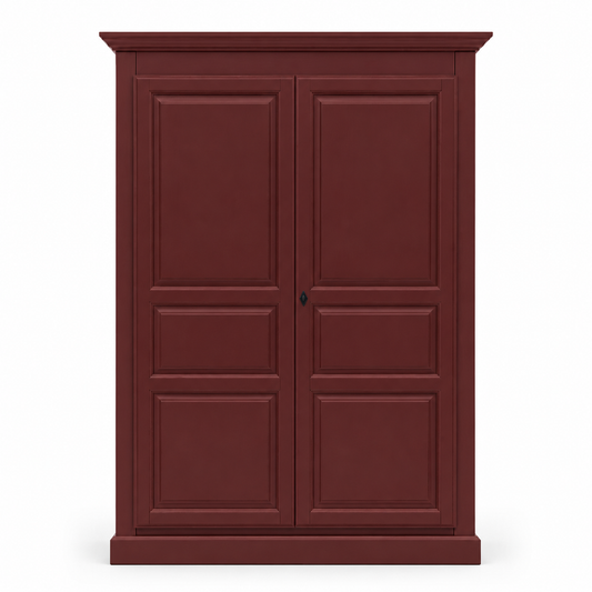 Classic bordeaux lacquered pine Cognac wardrobe with six raised panel doors, 149 cm wide, front view
