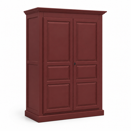 Classic bordeaux solid pine Cognac two-door wardrobe with crown molding, angled three-quarter view, 210 cm tall