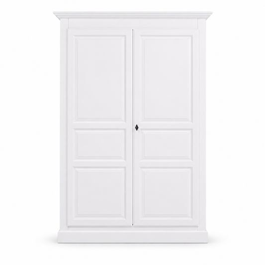Classic white solid pine Cognac wardrobe with raised panel doors, 149 cm wide, front view