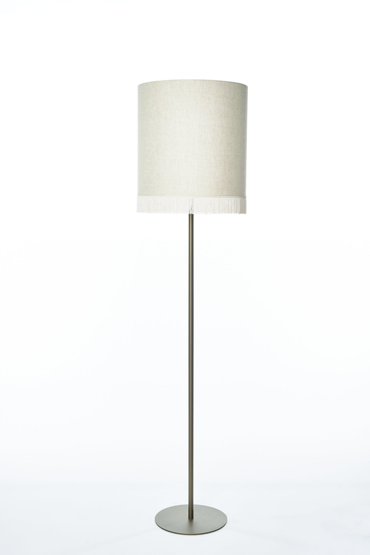 Floor Lamp Yara 5685K Bronze front view on white background with studio lighting, featuring bronze finish and cylindrical fabric shade with fringe detail, professional product photography by Marcottestyle