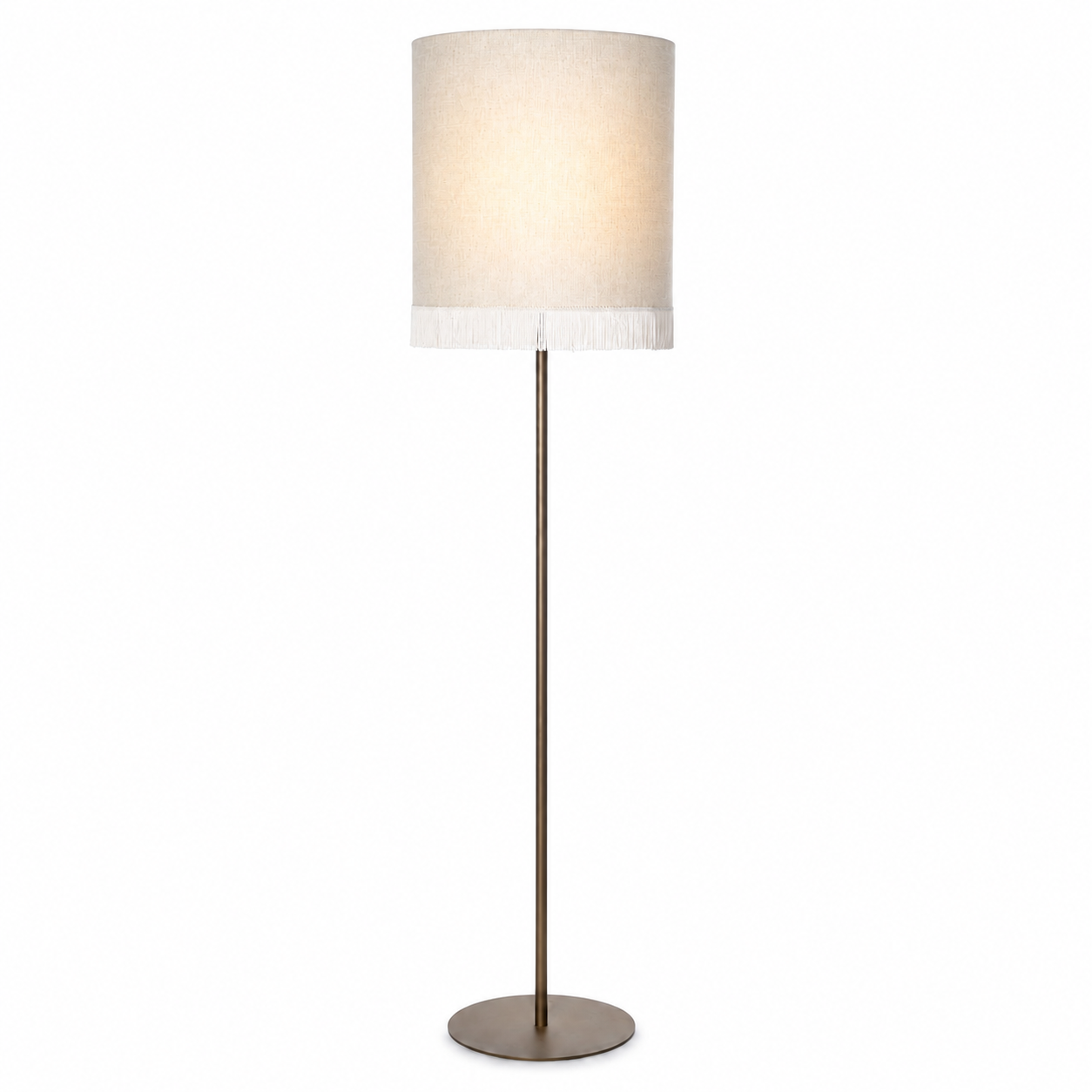 Stehlampe Yara 5685K Bronze front view mit lamp illuminated, warm light glowing softly through fabric shade on white background, professional product photography by Marcottestyle