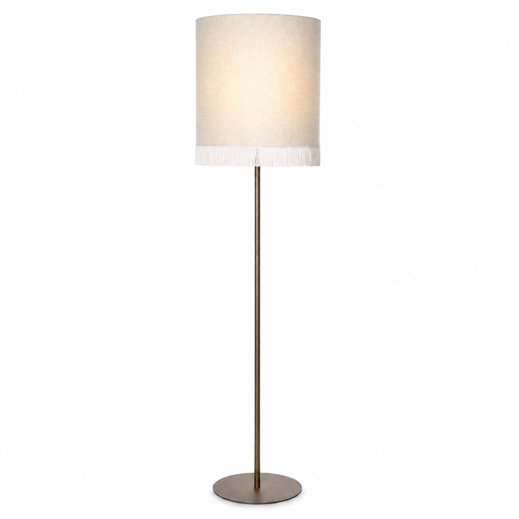 Floor Lamp Yara 5685K Bronze front view with lamp illuminated, warm light glowing softly through fabric shade on white background, professional product photography by Marcottestyle