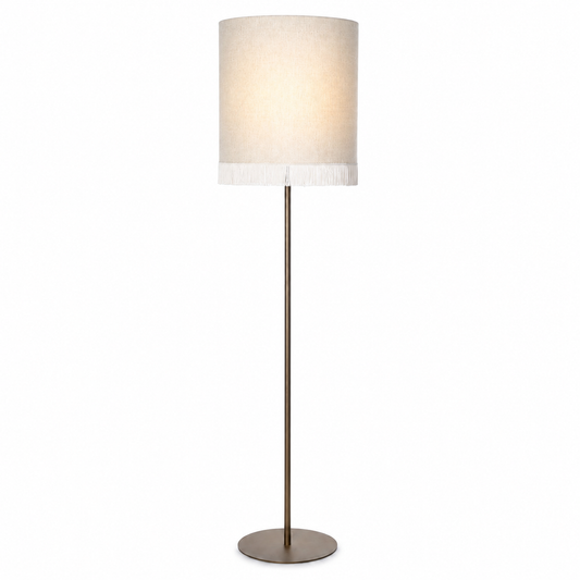 Floor Lamp Yara 5685K Bronze front view with lamp illuminated, warm light glowing softly through fabric shade on white background, professional product photography by Marcottestyle