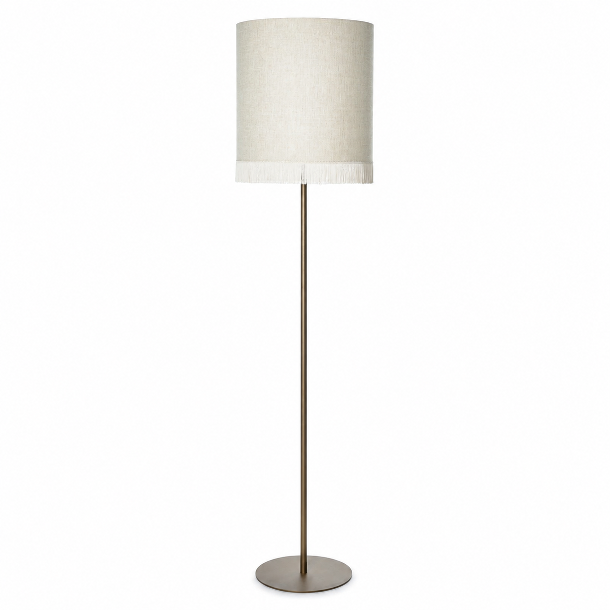 Close-up macro detail of Floor Lamp Yara 5685K Bronze showing intricate fabric texture of the cylindrical fringe shade and bronze metal finish, professional product photography by Marcottestyle