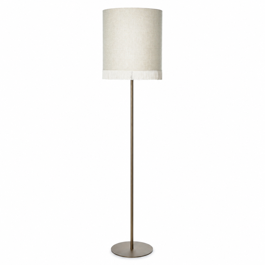 Close-up macro detail of Stehlampe Yara 5685K Bronze showing intricate fabric texture of the cylindrical fringe shade and bronze metal finish, professional product photography by Marcottestyle