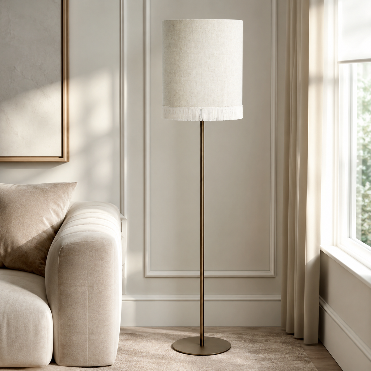 Floor Lamp Yara 5685K Bronze styled in a modern luxury living room with velvet carpet, natural window light and realistic sunlight reflections, professional product photography by Marcottestyle