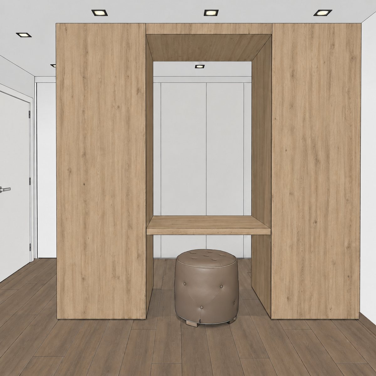 Photorealistic 3D design of a dressing table between two oak-veneer cabinets