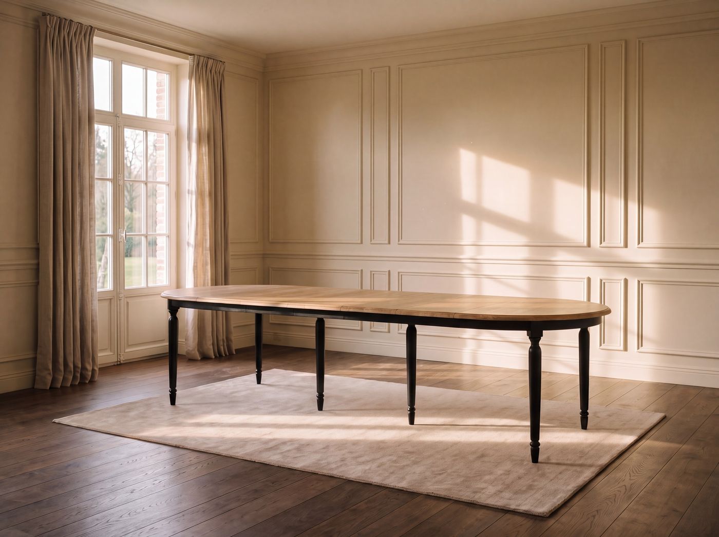 Orlan dining table in solid oak with black turned legs