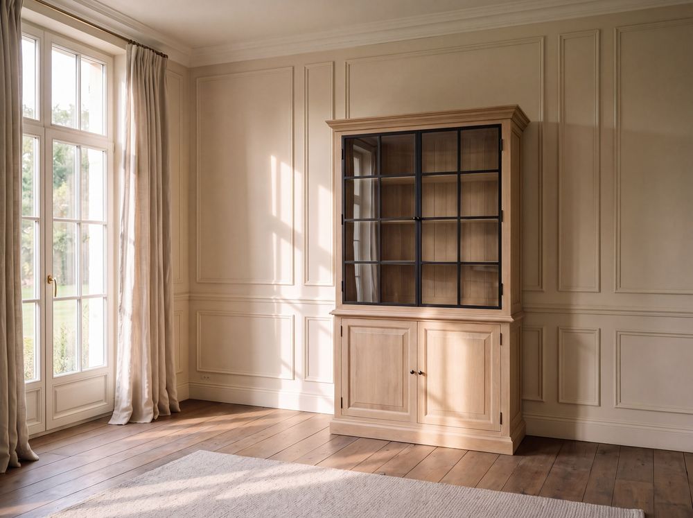 Soren display cabinet in oak with iron-framed glass doors